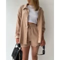Miniatyrbild 3 av 8: Dam 2-delad byxa set Linne Shirtort set khaki L