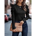 Miniatyrbilde 3 av 6: Kvinners Heldekkende Rundhals Puff Lang Erme Slim Fit Skjorte Topper Black M