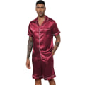 Miniatyrbilde 4 av 9: Menn Satin Pyjamas Sett 2 Deler Loungewear Knapp Ned Pjs Sett red M