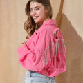 Miniatyrbilde 5 av 8: Damelanget Denimjakke med Frynser og Strass Rose Red S
