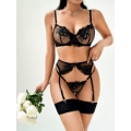Pikkukuva 2 / 7: Kukallinen, Rintaliivit, G-string, Sukkapyörä, 4 Osainen Alusvaate Black XS