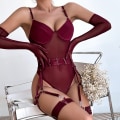 Miniatyrbillede 5 af 11: Sexy Lingeri Sæt til Kvinder med Handsker Blonder Bodysuit Red L