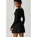 Miniatyrbillede 5 af 7: Kvindes Kvadratisk Halsudskæring Bodycon Kjole Langærmet Side Slids Flare Mini Kjole black M