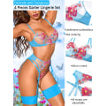 Pikkukuva 2 / 7: Kukallinen, Rintaliivit, G-string, Sukkapyörä, 4 Osainen Alusvaate Blue XL