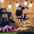 Miniatyrbillede 7 af 8: Halloween Halvmånekrans med Lys, Sort Måneblomst og Kattekrans Style 2