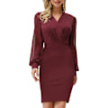 Miniatyrbillede 1 af 5: Kvindes Kjole Langærmet Wrap V-hals Bodycon Business Kjole Wine Red M