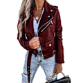 Miniatyrbillede 1 af 7: Dame Faux Læderjakker, Lynlås Motorcykel Kort PU Frakke Wine Red L