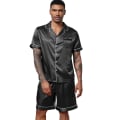 Miniatyrbild 1 av 9: Män Satin Pyjamas Set 2 Delar Loungewear Knapp-Ner Pjs Set black L