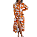 Miniatyrbillede 1 af 3: Elegant Damekjole med Langærmer, Lapel og A-linje Orange XL