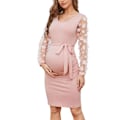 Miniatyrbilde 1 av 5: Blomstermønstret Mesh Bishop Langærmet Graviditets-Midikjole, Høst Graviditets-Bodycon Kjole Pink L