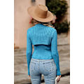 Miniatyrbillede 5 af 6: Dame 2-delt Udsnittet Toppe Langærmet Mock Neck Rib Strikket Vinter Trøje Blue M