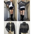 Miniatyrbilde 7 av 8: Damelanget Denimjakke med Frynser og Strass Black S