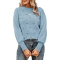 Stickad Tröja för Kvinnor med Pompom och Lanternärm Blue L