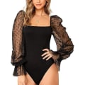 Miniatyrbillede 1 af 6: Kvindes Polka Dot Sheer Dobby Mesh Firkantet Hals Langærmet Slank Bodysuit M