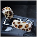 Miniatyrbild 3 av 5: 3 st/set Leopard Fluff Plysch Överdrag Vinterbil Leopardplysch virkad elastisk rattmuff, växelspaksmuff, handbromsmuff och greppmuff