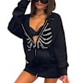 Miniatyrbild 1 av 5: Unisex Zip Oversized Rhinestone Skull Hoodie Sweatshirt Jacka - black XL