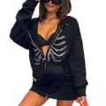 Pikkukuva 1 / 5: Unisex Zip Oversized Rhinestone Skull Hoodie Sweatshirt Jacka - black M