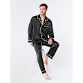 Miniatyrbilde 2 av 5: Pyjamassett i satengsilke for menn, langarmet PJ-sett med knapper og lommer i soveklær Black xl