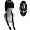 Pikkukuva 2 / 3: Wednesday Addams Cosplay Flickor Barnklänning Perukväska Festkostym Karneval Halloween Film Rollspel Fancy Dress Up Kläder Only Wig A Style One Size