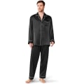 Miniatyrbilde 1 av 5: Pyjamassett i satengsilke for menn, langarmet PJ-sett med knapper og lommer i soveklær Black xl