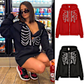 Pikkukuva 4 / 5: Unisex Zip Oversized Rhinestone Skull Hoodie Sweatshirt Jacka - red M