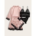 Miniatyrbild 2 av 7: Damer 4 delar Satin Blommor Spets Cami Top Underkläder Pyjamas Set med Robe W