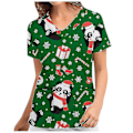 Miniatyrbilde 2 av 3: Jul Kvinner Ammeuniform Skrubb Kortærmet T-skjorte Xmas Bluse Tee Topper V-ringet Army Green L