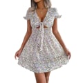 Miniatyrbillede 1 af 2: Kvindernes Boho Lagdelt Mini Kort Kjole Dyb V-hals Binde Foran Udvidet Kjole W XL