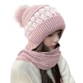 Miniatyrbillede 1 af 4: Dames Vinterhue Halsklæde Alt-i-én Beanie med Poms, Fleeceforet Dames Termisk Strikket Skull Hat Beanie, Lys Rosa