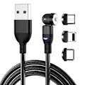 Pikkukuva 1 / 5: Magneettinen latauskaapeli (1m/2m/3m), 540 asteen pyörivä magneettinen puhelimen laturin kaapeli, 3 in 1 nylon punottu magneettinen USB-kaapeli Type C:lle, Micro USB:lle black 2m