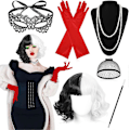 Pikkukuva 1 / 5: Cruella-asu Naiset 70-luvun Asusteet, Lyhyt Musta ja Valkoinen Peruukki Pidikkeellä, Hanskat, Kaulakoru, Pitsi Mask, Peruukki Hattu, Halloween-asu Naiset, Fan