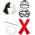 Pikkukuva 2 / 5: Cruella-asu Naiset 70-luvun Asusteet, Lyhyt Musta ja Valkoinen Peruukki Pidikkeellä, Hanskat, Kaulakoru, Pitsi Mask, Peruukki Hattu, Halloween-asu Naiset, Fan