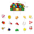 Pikkukuva 1 / 4: Mario-teemaisen syntymäpäiväjuhlan lippu, kakkukoriste, kortti, ilmapallosetti ja koristetarvikkeet