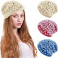 Miniatyrbilde 1 av 5: Heklet bomullshette for kvinner, håndlaget strikket blomstrete slouchy beanie-lue med utskjæringer