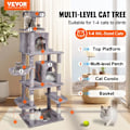 Miniatyrbild 3 av 6: Inomhuskattträd - VEVOR - med sisalskrapstolpe, hängmatta, toppabborre - Large Cat Activity Center - Ljusgrå