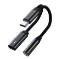 Miniatyrbilde 1 av 6: USB-C mann til 3,5 mm+USB-C kvinnelig hodetelefonadapter AUX-splitter Black