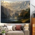 Miniatyrbild 2 av 5: Fantasy World Gobeläng, Bergsskogssjö Landskap Gobelänger, Vildmarkssol Natur Vattenfall Gobeläng för Sovrum Varm 60×80 tum brun