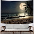 Miniatyrbild 4 av 5: Strandtapet för sovrum Hawaii Kokosnöt Tropiskt träd Månljus Väggbonader Havsvatten Tapestries  (59,1\" H x 59,1\" B,Strand)Marinblå