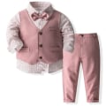 Miniatyrbillede 1 af 5: Baby drengetøj jakkesæt, småbørns kjole skjorte med butterfly + seler bukser outfit sæt gentleman bryllup pink 120cm