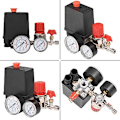 Miniatyrbillede 4 af 5: 220V Luftkompressor Trykafbryder 4 Huller Trykregulator til Luftkompressor med Måler Sikkerhedsventil Fittings 90-120 PSI Luftkompressor Tryk