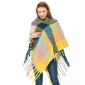 Miniatyrbild 1 av 4: Färgglad Rutig Pullover Hoodie Cape med tofs Lös Thicken Poncho for Lady
