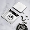Miniatyrbild 1 av 5: 4 tum fyrkantig design kakel golv duschavlopp deodorant center kvadrat golvbrunnar för badrum kök balkong, tyngdkraftsförsegling (storlek: djup försegling)