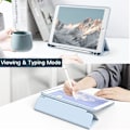 Pikkukuva 5 / 5: Vaaleansininen suojakotelo iPad 10.2 tuumalle (9./8./7. sukupolvi, 2021/2020/2019) kynätelineellä, läpinäkyvä ohut takakansi, iskunkestävä jalusta tabletti