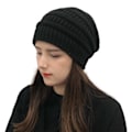 Miniatyrbillede 1 af 5: Vinterstrikkede Beanies til Kvinder, Silke Satinforet Tyk Hue Blød Strækbar Kabelstrikket Varm Slouchy Beanie Hue Black