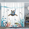 Miniatyrbillede 2 af 4: Bruseforhæng 180 x 180 cm Dykkerkat Ocean Print Vandtæt Badeforhæng Vaskbart Anti Hurtigtørrende Polyesterstof Badeværelsestilbehør med 12 Kroge