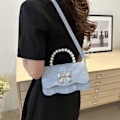 Miniatyrbilde 4 av 5: Håndveske med perler, topphåndtak og justerbar stropp for kvinner, PU-lær, søte sløyfer, crossbody skulderveske, svart Black