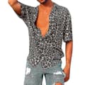Herr Baggy Strand Leopardtryck Kortärmad Knapp Retro T-shirts Toppar Blus M