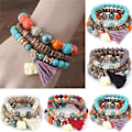 Miniatyrbillede 3 af 3: Træperle armbånd multilag elastisk kvaster armbåndssæt elefant armbånd multicolor