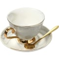 Miniatyrbilde 5 av 5: Marmor Keramisk Kopp og Skålsett Kamelia Mønstret Bone China Kaffe Krus Te Kopp Gullkant med Kaffe Kopp, Skål og Skje, 200ml