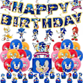 Pikkukuva 1 / 5: Syntymäpäiväjuhlien koristeet sisältävät Happy Birthday -bannerin, riippuvat pyörteiskoristeet, lateksipalloja, kakunkoristeen